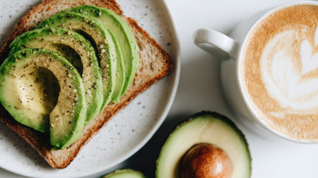 A beautiful arrangement featuring sliced avocado on whole grain toast served with a cup of latte in a modern cafの素材