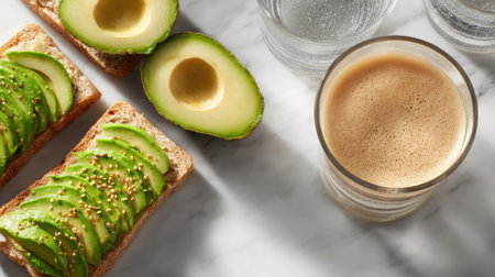 Freshly prepared avocado toast topped with vibrant green slices on a marble surface, accompanied by a smooth beverage for a nutritious breakfast experience.の素材