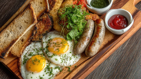 A visually appealing breakfast spread featuring sunny side up eggs, grilled sausages, toasted bread slices, fresh vegetables, and assorted condiments on a wooden platter.の素材