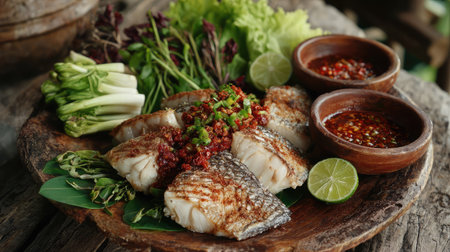 A beautifully arranged plate of grilled fish fillet served with fresh vegetables, vibrant herbs, and spicy sauces, showcasing a rustic culinary experience.の素材
