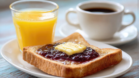 A delightful breakfast scene featuring a slice of toasted bread topped with sweet jam and butter, accompanied by fresh orange juice and coffee.の素材