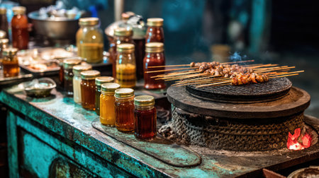 A vibrant street food stall features grilled skewers on a charcoal grill, surrounded by an array of jars filled with colorful sauces, embodying the essence of night market cuisine.の素材