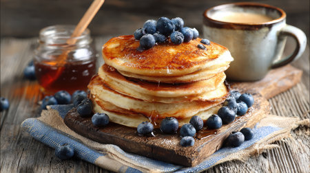 A tempting stack of fluffy pancakes is topped with fresh blueberries and drizzled with syrup. Served alongside a cup of coffee, this breakfast scene evokes warmth and comfort. Perfect for a cozy morning.の素材