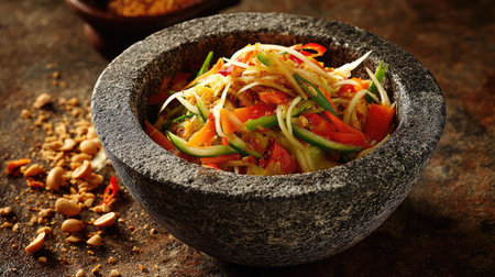A beautifully arranged salad in a stone bowl showcases the vibrant colors of fresh vegetables and nuts, perfect for healthy meals and photography.の素材