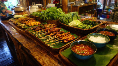 A colorful arrangement of grilled skewers and fresh vegetables on a wooden table, showcasing the vibrant appeal of traditional Asian cuisine in a rustic setting.の素材