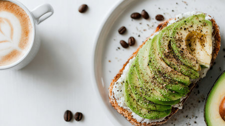 A mouthwatering avocado toast sits beautifully on a plate, topped with fresh avocado slices and cream cheese, accompanied by a steaming cup of coffee, perfect for a modern breakfast.の素材