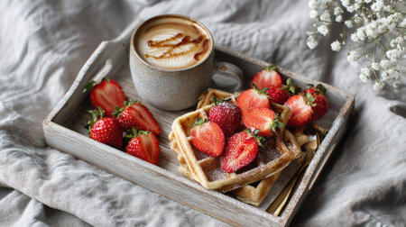 A beautifully arranged breakfast featuring freshly made waffles topped with ripe strawberries, served alongside a warm cup of coffee on a rustic tray.の素材
