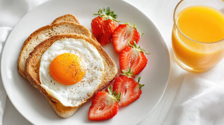 A beautifully arranged breakfast plate featuring golden toasted bread topped with a perfectly fried egg, accompanied by vibrant strawberries and a refreshing glass of orange juice. Perfect for a healthy start to the day.の素材