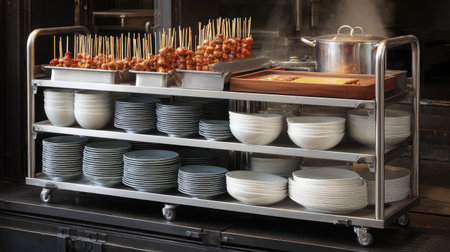 A modern serving cart featuring an array of skewered meats and neatly arranged bowls creates an inviting culinary scene for restaurants and events.の素材