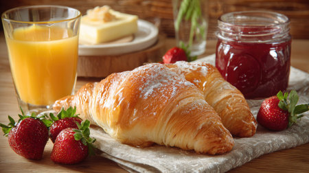 A delightful breakfast scene featuring freshly baked croissants, vibrant strawberries, a jar of jam, and a glass of refreshing orange juice, perfect for morning indulgence.の素材