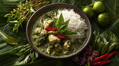 A vibrant bowl of Thai green curry made with chicken, served with jasmine rice and garnished with fresh herbs and red chili on a decorative leafy backdrop.の素材