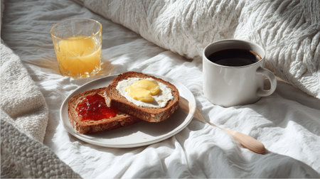 A cozy breakfast scene in bed featuring toast with egg and jam, paired with fresh juice and coffee, bathed in soft morning light for a relaxing vibe.の素材