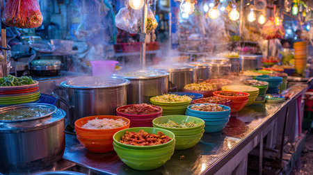 Experience the vibrant atmosphere of a local market filled with colorful bowls of steaming street food. Fresh ingredients and delightful aromas fill the air.の素材