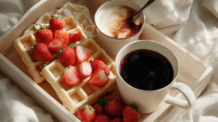 Enjoy a cozy breakfast experience featuring golden waffles topped with fresh strawberries, a steaming cup of coffee, and a creamy dessert to delight your senses.の素材