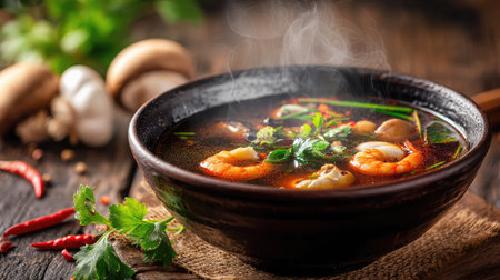 A steaming bowl of aromatic seafood soup featuring shrimp and fresh herbs on a rustic wooden table, showcasing warmth and culinary delight.の素材