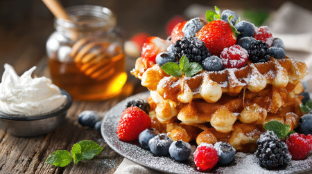 A beautiful arrangement of delicious waffles stacked with fresh strawberries, blueberries, and blackberries, topped with cream and honey. Perfect for any meal!の素材