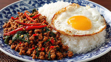 This enticing dish features stir-fried minced meat accompanied by a perfectly fried egg and fluffy steamed rice, all served on a beautiful blue plate.の素材