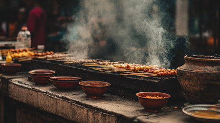A bustling street food market scene featuring skewers grilling over a charcoal fire. Smoke wafts into the air while clay bowls filled with spices and condiments surround the grilling area, showcasing a vibrant culinary culture.の素材