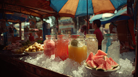 This vibrant street market scene showcases colorful jars of fresh fruit juices and mouthwatering snacks, emphasizing summer vibes and local culture.の素材