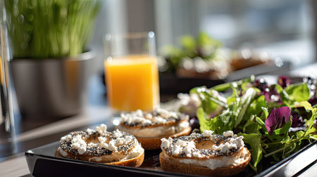 A beautifully arranged breakfast spread featuring bagels topped with cream cheese, fresh salad, and a refreshing glass of orange juice, perfect for healthy eating.の素材