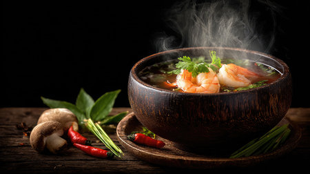 A beautifully presented bowl of fresh shrimp soup, full of vibrant herbs and spices, emits steam against a dark backdrop, showcasing culinary art.の素材