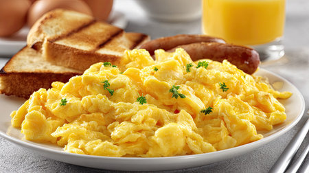 A delightful arrangement of scrambled eggs served with golden toast and savory sausage, perfect for a satisfying breakfast on a bright morning!の素材
