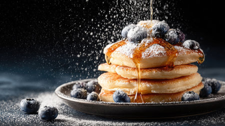 A tempting display of fluffy pancakes stacked high, adorned with fresh blueberries and drizzled with rich maple syrup, captures the essence of indulgent breakfast.の素材
