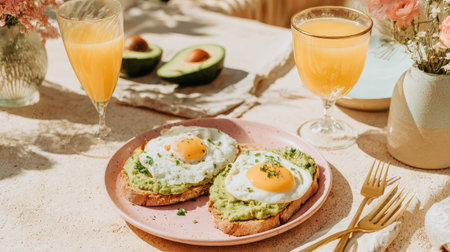 A delightful breakfast scene featuring fresh avocado toast topped with sunny side up eggs, paired with vibrant orange juice in a cozy setting.の素材