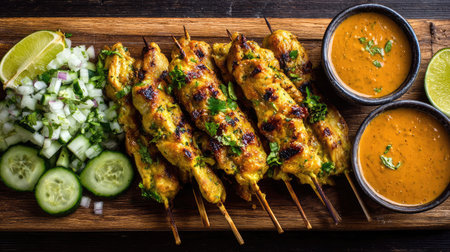 This vibrant image showcases beautifully grilled chicken skewers on a wooden board, accompanied by fresh vegetables, sauces, and lime, perfect for food lovers.の素材