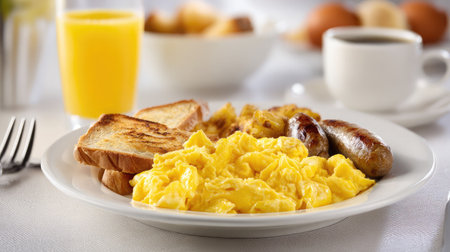 A beautifully arranged breakfast plate featuring fluffy scrambled eggs, crispy toast, savory sausages, refreshing orange juice, and a cup of coffee, perfect for energizing mornings.の素材