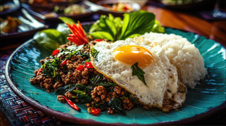 A vibrant plate featuring a delicious stir-fry of ground meat, fresh herbs, and a sunny-side-up egg served alongside fluffy rice, showcasing culinary art.の素材