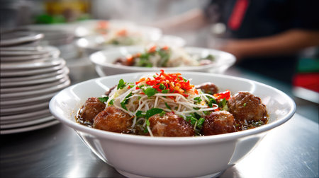 A tempting dish of Asian meatballs served in a white bowl, topped with fresh herbs and chili, creating a vibrant culinary experience in a bustling kitchen.の素材
