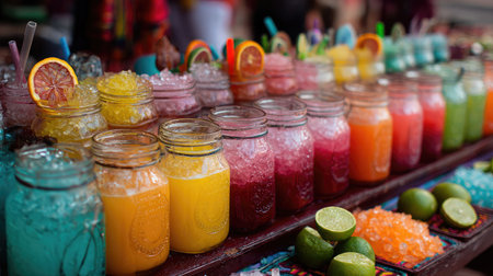A vibrant display of refreshing beverages in glass jars filled with ice and garnished with citrus slices, perfect for summer gatherings and celebrations.の素材