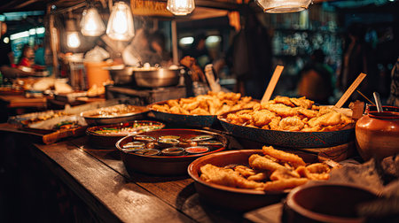 The image captures a lively night market scene, showcasing an array of delicious fried foods displayed under warm lights, inviting passersby to indulge in vibrant flavors.の素材