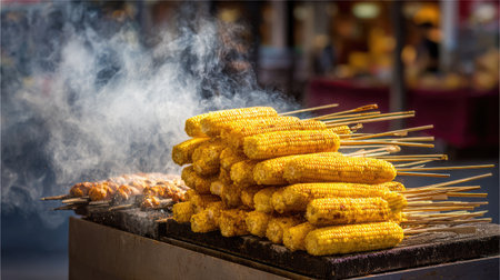 A vibrant display of grilled corn on sticks, infused with a smoky aroma, showcases the essence of outdoor food markets and summer delights.の素材