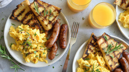 Indulge in a delightful breakfast featuring fluffy scrambled eggs, savory sausages, and perfectly grilled toast paired with refreshing orange juice.の素材
