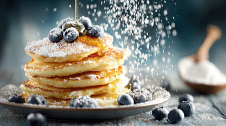 A mouth-watering stack of fluffy pancakes adorned with fresh blueberries and a dusting of powdered sugar, creating a delightful breakfast scene.の素材