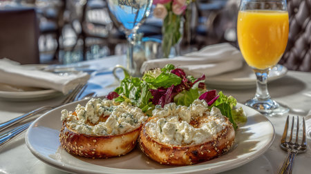 A beautifully arranged plate featuring freshly made bagels topped with cream cheese, accompanied by a vibrant salad and refreshing orange juice, perfect for brunch.の素材