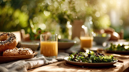 A beautifully arranged brunch table featuring a fresh salad, vibrant juice, and delicious bagels, bathed in warm sunlight, perfect for gatherings.の素材