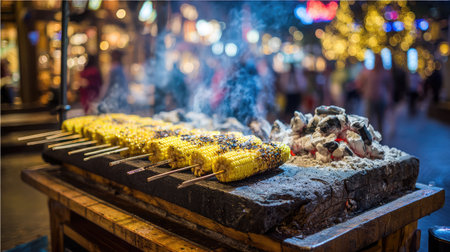 A vibrant night market scene featuring grilled corn skewers, surrounded by smoke and glowing lights, creating a cozy outdoor atmosphere for food lovers.の素材