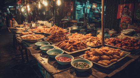 This vibrant street food stall showcases an array of delicious fried dishes accompanied by colorful sauces, capturing the lively atmosphere of a bustling night market.の素材