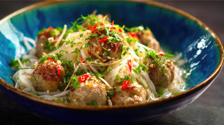 A vibrant bowl filled with delicious Asian meatballs over delicate rice noodles, enhanced with fresh herbs and spices, creating a visually appealing dish.の素材