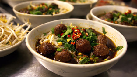 This vibrant image showcases a hearty meatball soup, featuring fresh herbs and spices in inviting white bowls, perfect for culinary enthusiasts.の素材