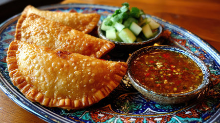 Delight in this golden brown pastry served with a zesty salsa and fresh diced vegetables. A perfect blend of flavors and textures ideal for any meal.の素材