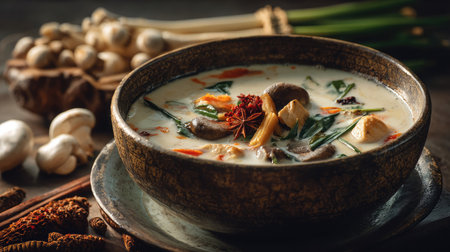 A beautifully styled bowl of creamy soup featuring mushrooms and aromatic herbs, surrounded by fresh ingredients on a rustic table setting.の素材