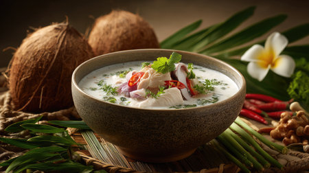 Discover a beautiful representation of traditional coconut soup, garnished with fresh herbs and spices in a rustic bowl, set against a natural backdrop.の素材