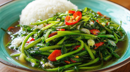 A vibrant plate of fresh stir-fried vegetables including chili and fragrant herbs, served alongside rice, perfect for a nutritious meal or side dish.の素材