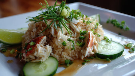 A mouthwatering plate of seafood fried rice, beautifully garnished with fresh herbs and lime slices, accompanied by crunchy cucumber for a refreshing touch.の素材