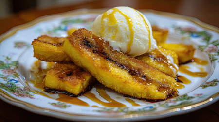 A delicious treat featuring caramelized bananas served with a scoop of creamy vanilla ice cream, drizzled in rich syrup on a decorative plate.の素材