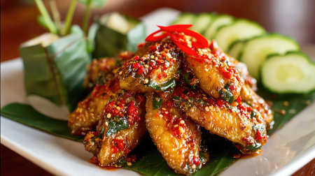 A vibrant plate of spicy chicken wings beautifully garnished with red chili and accompanied by fresh cucumber slices, perfect for food lovers.の素材
